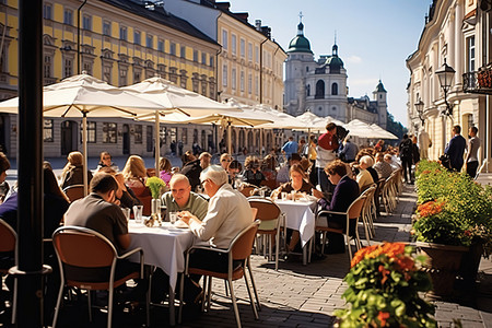 城市街道背景图片_人们在圣彼得堡主广场户外用餐