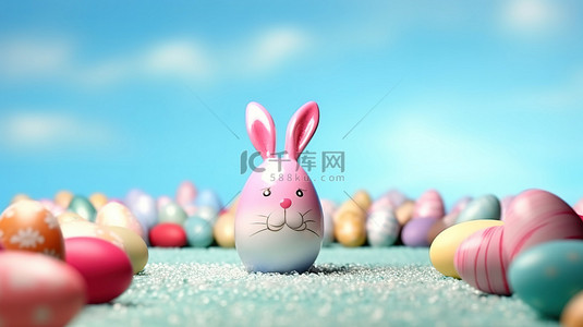 复活节彩蛋装饰兔子耳朵的 3D 插图，具有充足的复制空间