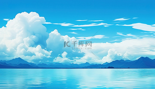 蓝色的海洋，背景中有一些云彩和山脉
