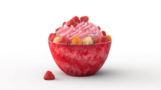卡通水果草莓背景图片_卡通风格 3D 渲染美味草莓 bingsu 刨冰隔离在白色背景