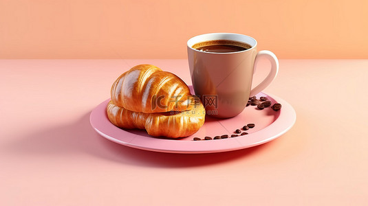 美味的咖啡和糕点以及粉红色 3D 渲染上的多汁汉堡