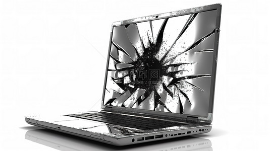 时尚的金属笔记本电脑，其破碎的显示屏隔离在空白背景 3D 渲染上
