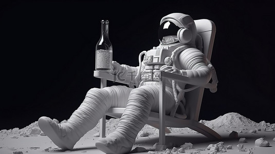 宇航员在月球表面沉迷于啤酒，同时在舒适的沙滩椅上放松 3D 渲染