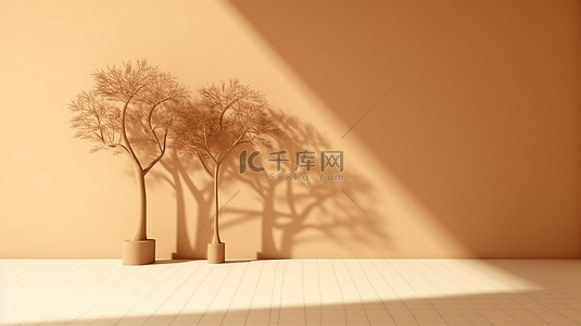 高清壁纸背景图片_带树影的奶油墙 3D 渲染和插图