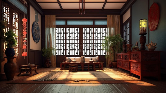 中国家庭背景图片_中国传统风格房间的 3D 渲染内部