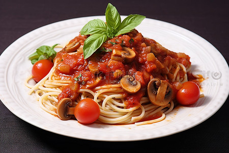 意大利面背景图片_盘子里的蘑菇酱和西红柿意大利面