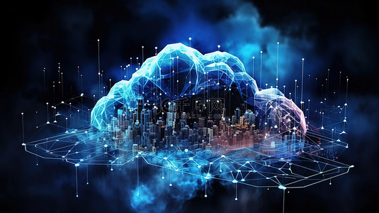 云计算背景图片_3D 渲染云中的数字连接云计算技术的概念化