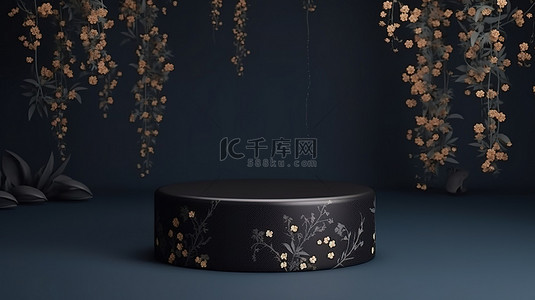 带有空黑色圆柱体 3D 渲染展示台的花卉图案产品讲台