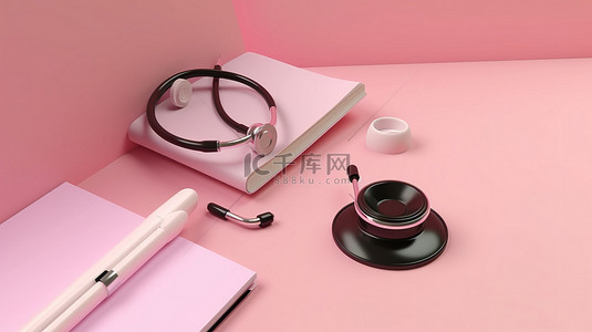 粉红色背景，带有 3D 渲染笔记事本和医生听诊器