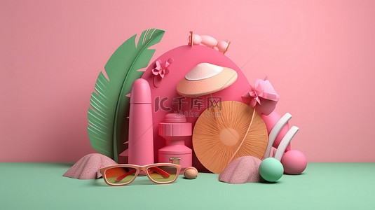 充满活力的粉红色夏季标志，在郁郁葱葱的绿色背景上装饰着海滩物体，令人惊叹的 3D 插图