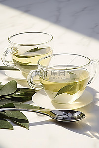 一杯和一勺绿茶，放在碗里，加一些叶子