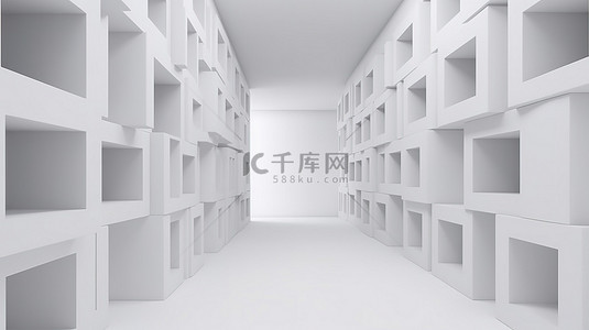 带方墙的简约 3D 白色立方体盒子房间