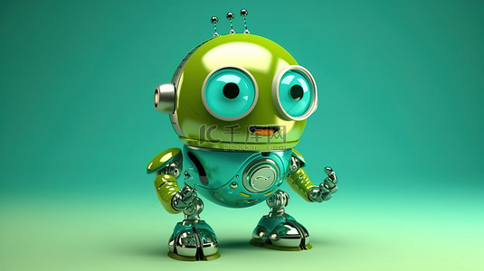 漫画绿色背景图片_绿色机器人的俏皮 3D 插图
