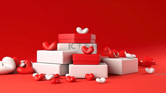 新年礼物背景图片_生动的 3D 礼物，在醒目的红色背景上装饰着心形