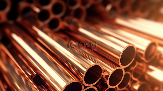 一堆铜管和轧制金属产品 3D 渲染的钢铁行业插图