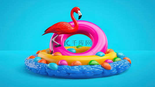 彩色橡胶环包围火烈鸟漂浮在蓝色喷泉 3D 渲染图像中