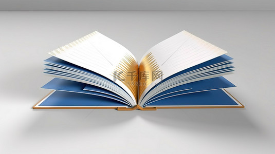 一本 3D 渲染的打开的书的插图，封面和书脊为蓝色白色和金色