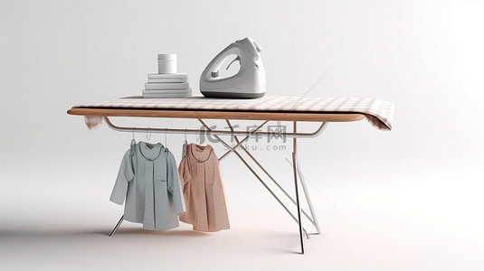 家庭主妇背景图片_电动衣服蒸汽熨斗熨衣板和桌布的白色背景 3D 渲染