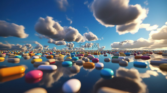 彩色 3D 渲染中的药用胶囊和药丸坠落绊倒并反射在蓝天白云的反光地板上