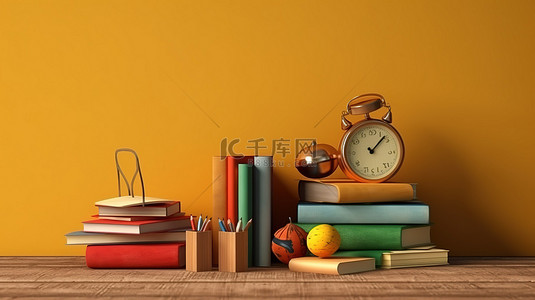 3D 渲染以书籍和学校用品为特色，用于返回学校概念背景