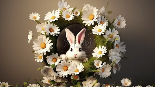 复活节兔子耳朵从充满雏菊的洞穴中弹出的 3D 插图，有充足的复制空间