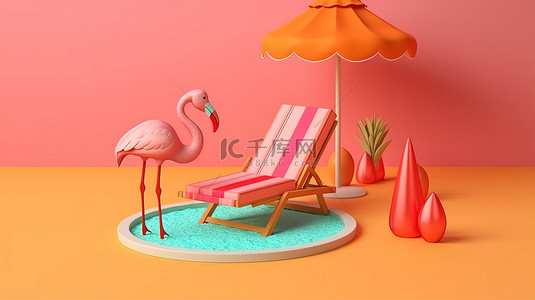 代表暑假在线预订功能的火烈鸟漂浮物和海滩躺椅的 3D 插图