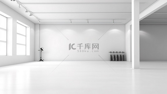 时尚而现代的陈列室设计，具有空地板和白色墙壁 3D 渲染