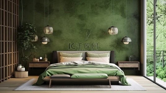 当代日本风格的绿色卧室设计令人惊叹的 3D 模型