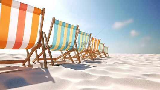 白色背景下阳光明媚的沙滩上沙滩椅的 3D 渲染特写