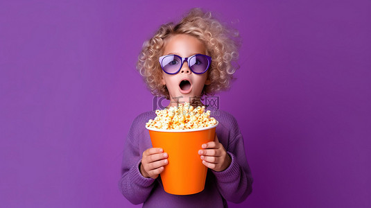 戴着 3D 眼镜和紫色背景中突显的一大桶爆米花的孩子