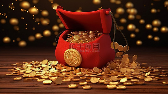 3D 渲染中围绕幸运袋掉落的金币庆祝中国新年