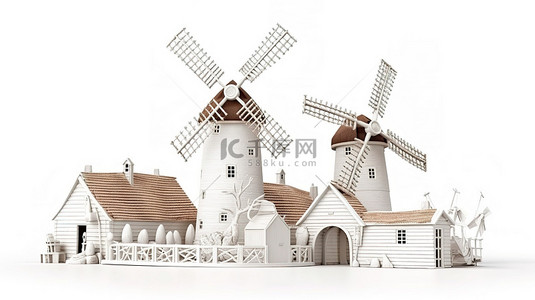 白色背景下乡村白色风车农场的粘土风格 3D 渲染