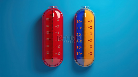 黄蓝色背景上红色和蓝色温度计的温度控制概念化 3D 渲染
