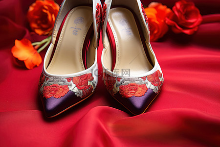 婚鞋背景图片_两双中式婚鞋