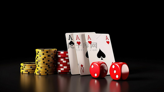 游戏背景图片_赌场主题 3d 渲染，包括扑克牌红色骰子和金色皇冠，包括剪裁路径