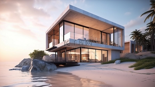 夏日海滨背景图片_具有 3D 渲染的现代海滨别墅的外观