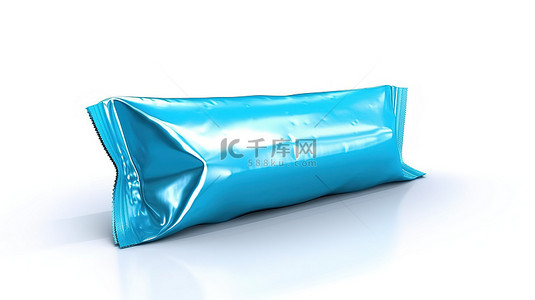 渲染的 3D 图像白色背景，带有由蓝色空白包装纸制成的湿巾袋