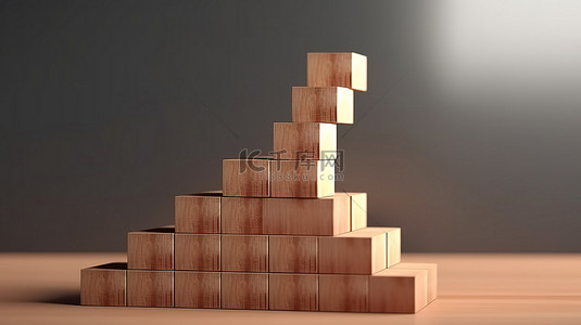 励志背景图片_使用木制立方体块堆栈和向上箭头符号 3d 渲染登上商业成功的楼梯