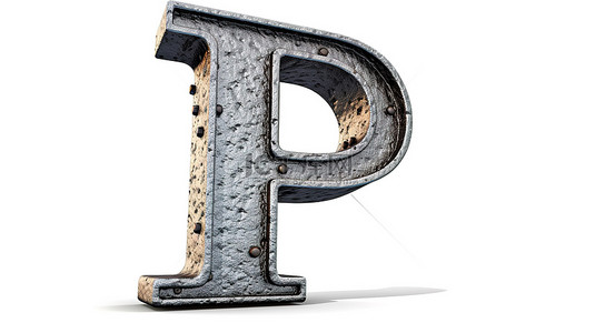 枪金属 3D 渲染字体，白色背景上带有粗糙金属纹理小写字母 p