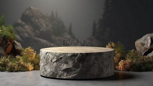 广告设计背景图片_品牌产品展览样机模板天然岩石基座讲台，带有圆柱形支架，用于广告设计 3D 渲染
