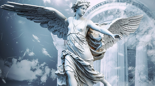 大理石背景背景图片_出故障了带翅膀的胜利女神的 3D 希腊大理石雕塑