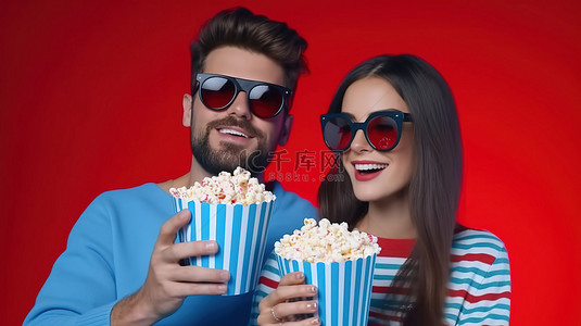 吃饭背景图片_戴着 3D 眼镜的兴奋夫妇在蓝色背景下一起享用爆米花和电影