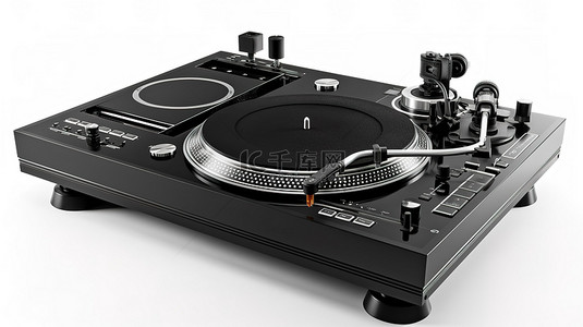 白色背景在 3D 渲染中展示现代黑色 DJ 转盘和混音器设备