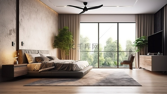 现代卧室室内壁挂式电视，配有观景床和大窗户 3D 渲染