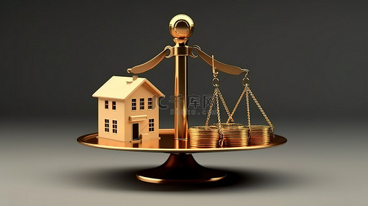 用房屋和金币平衡规模，在隔离 3D 渲染中描绘抵押投资和金融贷款概念