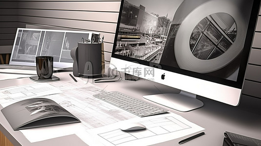 软件工作背景图片_在 3D 渲染的工作场所中显示图形设计软件的计算机