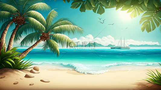 夏天海边树木背景图片_夏天海边海鸥椰树帆船