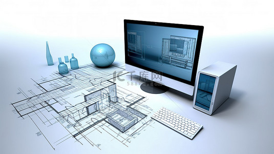 创新技能背景图片_创新图形设计 3D 渲染计算机，并在隔离屏幕上显示布局软件