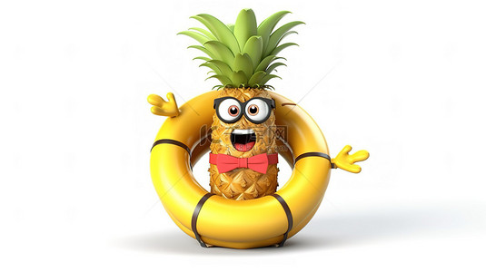 水果卡通菠萝背景图片_3D 渲染的卡通菠萝嬉皮士与救生圈吉祥物在白色背景上吹嘘有趣的时尚