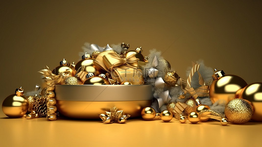 令人惊叹的 3D 插图中的金色圣诞装饰品